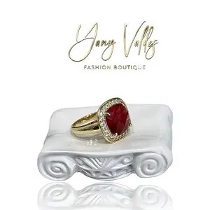 Gold Plated Ring Red Stone Square Design for Women