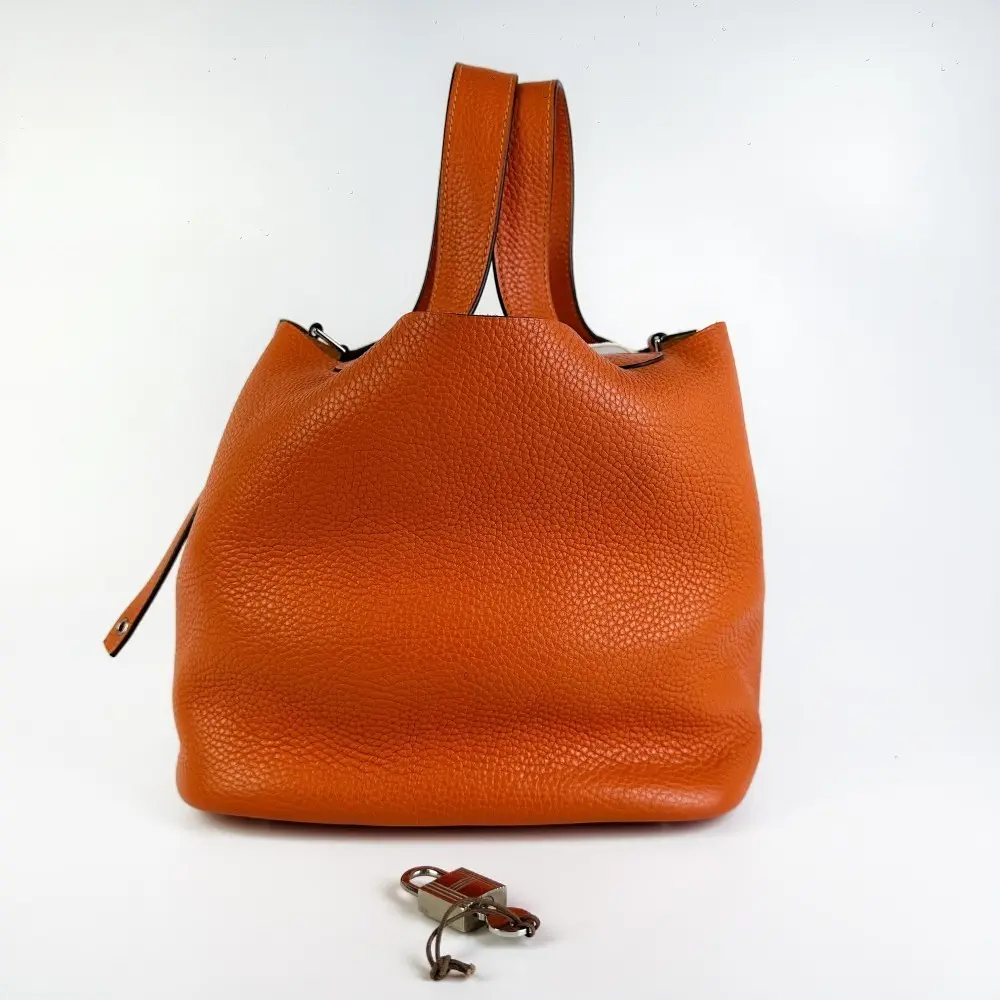 Pre-owned HERMÈS Orange Clemence Leather Picotin Lock Handbag【983】