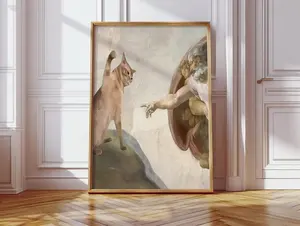 Miichelangelo's Creation of Cat Funny Feline Art Poster - Quirky Wall Decor for Cat Lovers