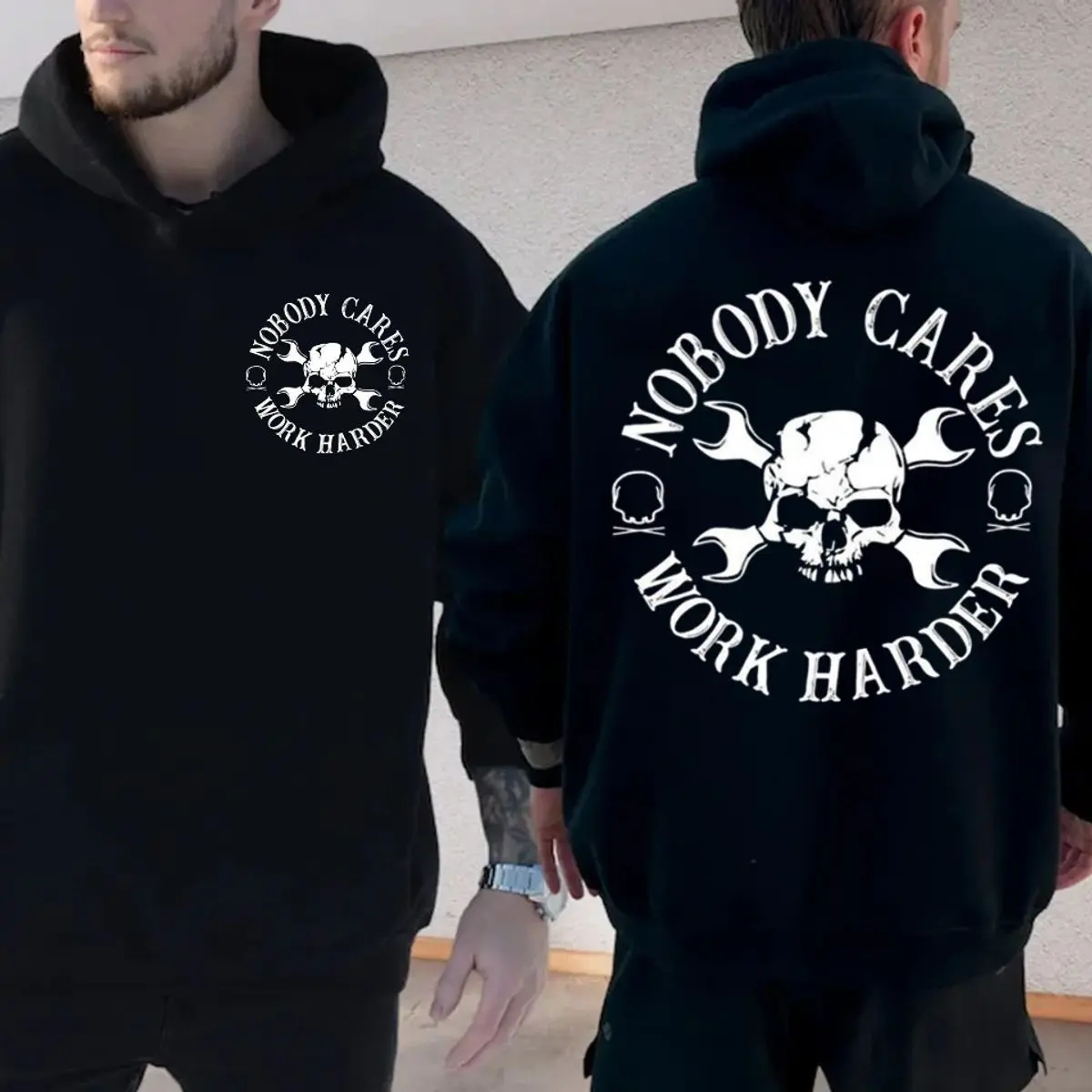 Nobody Cares Work Harder, Gym Rat Double Sided Hoodie, Weightlifting Shirt, Workout Top Funny Skull Men Top Men's Skull & Letter Print  Tee