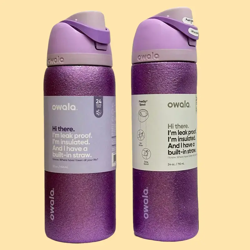 Owala FreeSip Insulated Stainless Steel Water Bottle - 24/32oz, New Vacuum Design Lid, Double Wall, Dual Sip, Sparkly Purple Rhinestone Exterior, Straw-Included Everyday Tumbler Vacuum Flasks for Camping/Office, Birthday Gift Kitchenware Drinkware, Water