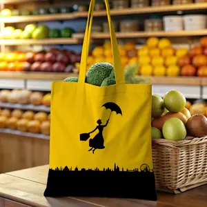 Vintage Mary Poppins Flying Tote Bag for Women - Yellow Canvas Bag with Iconic Silhouette, Floral Vine Patterns, and City Skyline, Large Durable Reusable Shopping Bag for Picnics, Travel, and Daily Elegance