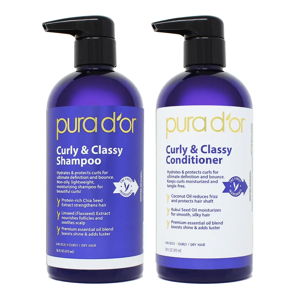 PURA D'OR Curly & Classy Shampoo and Conditioner Set*2 16oz(473ml) – Hydrating Curl Shampoo for Curly & Dry Hair, Anti Frizz Hair Care with Coconut Oil, Kukui Seed Oil & Aloe Vera  Softer Bouncy Curls