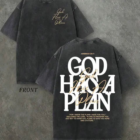 Vintage Washed "God Has a Plan" Double-Sided Print Tee | 230gsm Heavyweight Christian Streetwear, Unisex Wide-Shoulder Fit, High-Quality Cotton Casual Top for Men & Women