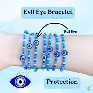 Evil Eye Blue Beaded Protection Bracelet with Blue and White Seed Beads, Gold Accents & Evil Eye Bead for Divine Protection and Peace