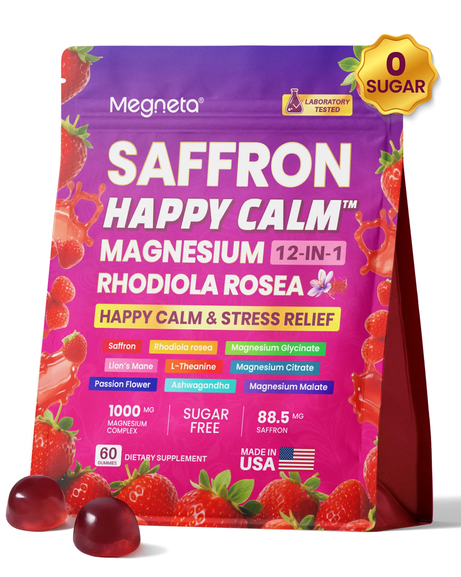 12-in-1 Dietary Healthcare Magnesium Complex Gummies Supplements - Saffron, KSM-66 Ashwagandha, GABA, L-Theanine, Rhodiola, Lion's Mane, Sugar-Free, Non-GMO, Strawberry Flavor, 60 Pieces for Stress Support, Mood & Sleep