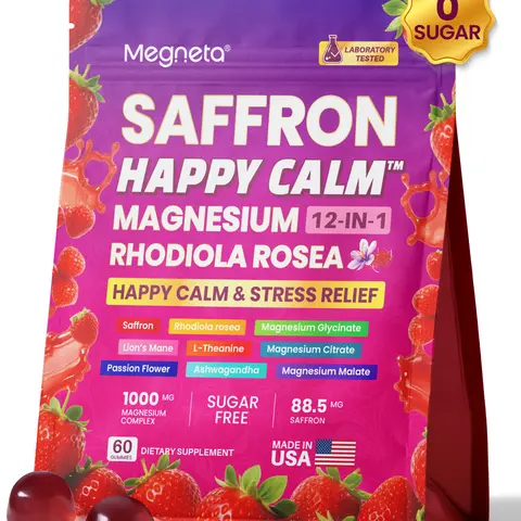 12-in-1 Dietary Healthcare Magnesium Complex Gummies with Saffron-KSM-66 Ashwagandha, GABA, L-Theanine, Rhodiola, Lion's Mane - Sugar-Free, Non-GMO Strawberry Flavor, 60 Gummies for Stress Support, Mood & Sleep