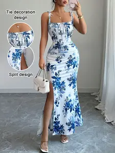 New Women's Fine Strap Bow Waist Floral Ruched Hem Slit Design Dress, Casual Fitted Party Daily Wear, Tall Slimming Elegant Aesthetic Dress