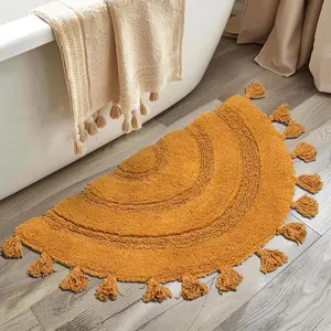 Half Circle Boho Bathroom Rugs with Tassels  Cotton Hand-Woven Bath Rugs Non Slip Absorbent Crochet Rugs Machine Washable Boho Bath Mats for Bathroom Floor Tub