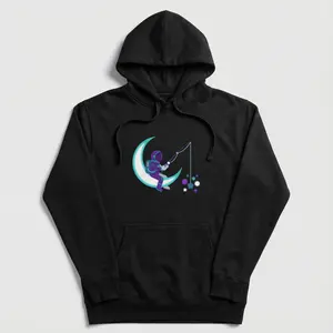 Dreamy Astronaut Moon Fishing Cosmic Hoodie - Women's, Eco-Friendly, Graphic, Loose-Fitting, Streetwear Pullover