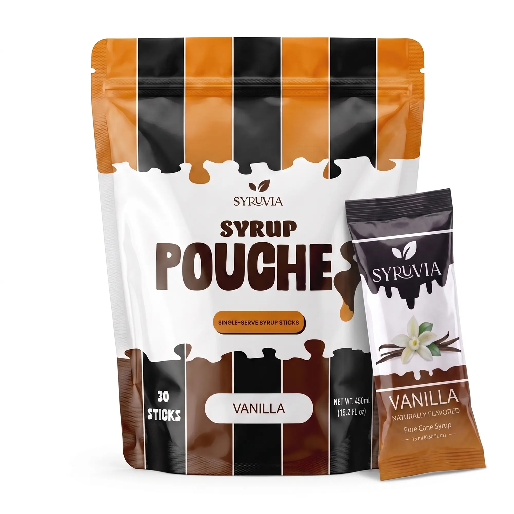 Syruvia Vanilla Syrup Pouches, Coffee Syrup Sticks for Coffee, Tea, Lattes & Desserts, 30 Count (15 mL Each)