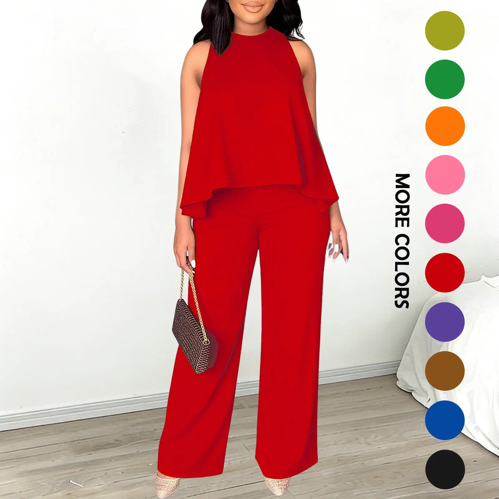 Women's Spring-Summer Set:Lightweight Flowy Halter Two-Piece with High- Waisted Wide Leg Pants–Comfortable, Stylish, and Perfect for Every Casual  to Dressy Occasion This Season Clothes Womenswear Suits Top Trouser