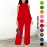 MOEENCN Women's Chic 2-Piece Top&Pant Set - Spring-Summer Flowy Halter Fitted Knitting Cape Top, Lightweight Smooth Slimming High-Waisted Polyester Pants, Minimalist Stylish for Date, Everyday Wear