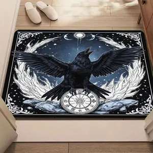 Gothic Raven Door Mat Set, Mystery Bird Design Entrance Rug, Non-Slip Moon Phase Pattern, Polyester Indoor Hallway Mat