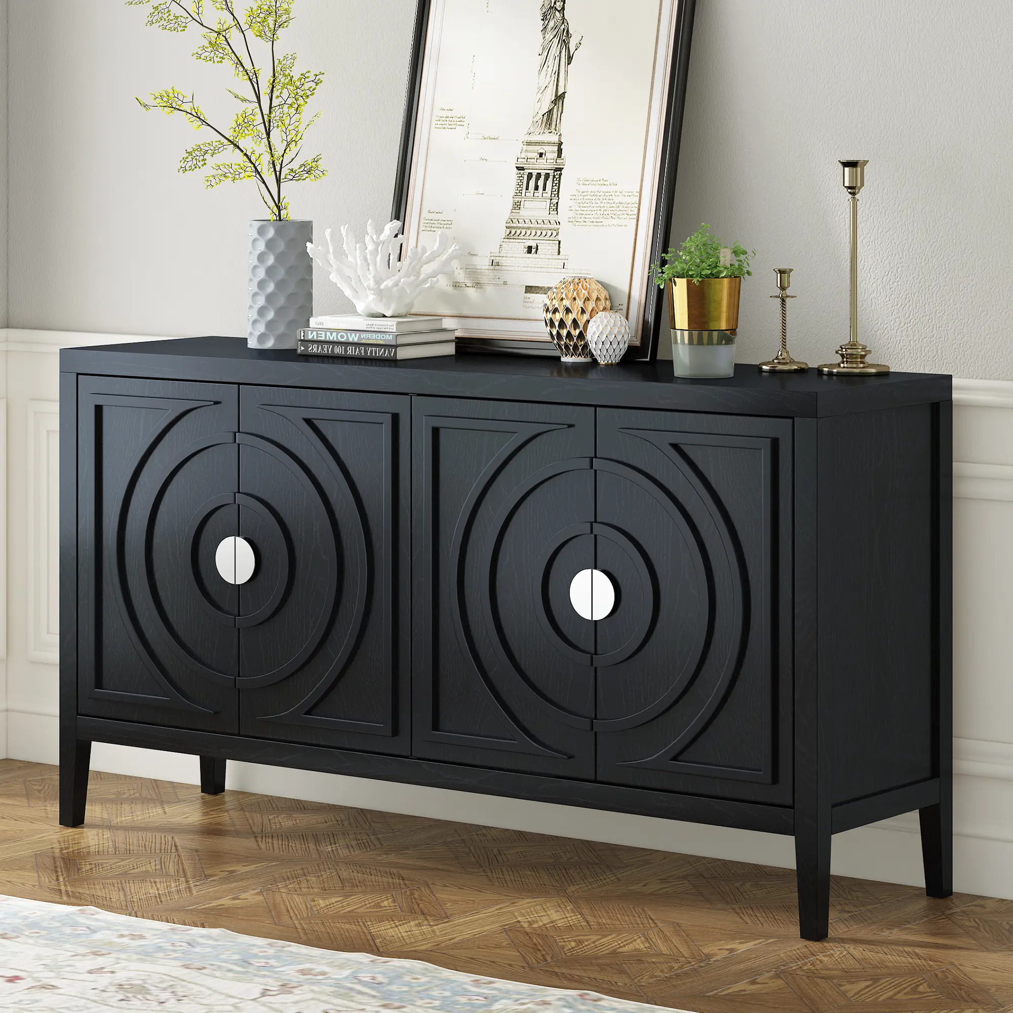 Retro Sideboard Storage Cabinet, 4 Doors with Circular Groove Texture & Round Metal Handles, Built-in Adjustable Shelves, Farmhouse Buffet Credenza for Entryway, Dining Room & Living Room（Black）