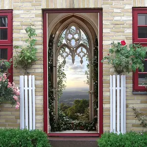 2pcs Gothic Arch Flower Window Wall Sticker Stereo Simulation Castle Landscape Decal Self Adhesive Removable Living Room Background Wall Decor Vine Flower Window View MuralSpecial Supply