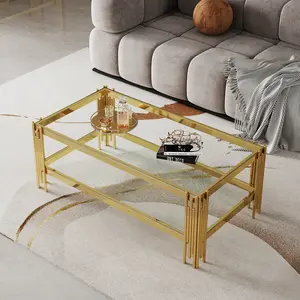 Bellemave Modern Elegance Coffee Table with Double Layer Tempered Glass & Mirror Finished Stainless Steel Frame for Living Room