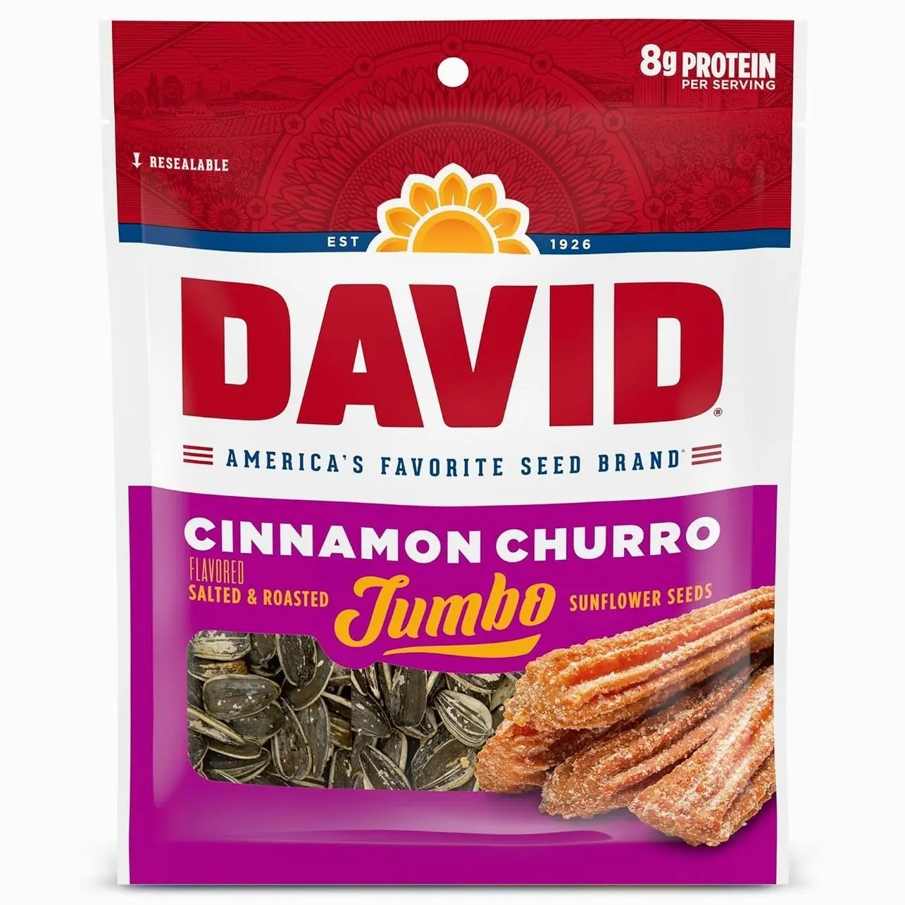 DAVID Jumbo Sunflower Seeds, Cinnamon Churro Flavor, Easter Basket Stuffer for Baseball Players, 5.25 oz. (Pack of 12)