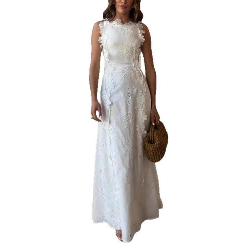 Women'S Elegant Hollow Out Lace-Up Sleeveless High Waist Square Neck Maxi Dress - Fitted Top & Flowy A-Line Silhouette, Solid White Formal & Semi-Formal Evening Gown for Beach Weddings, Parties, Special Occasions - All-Season Versatile Even