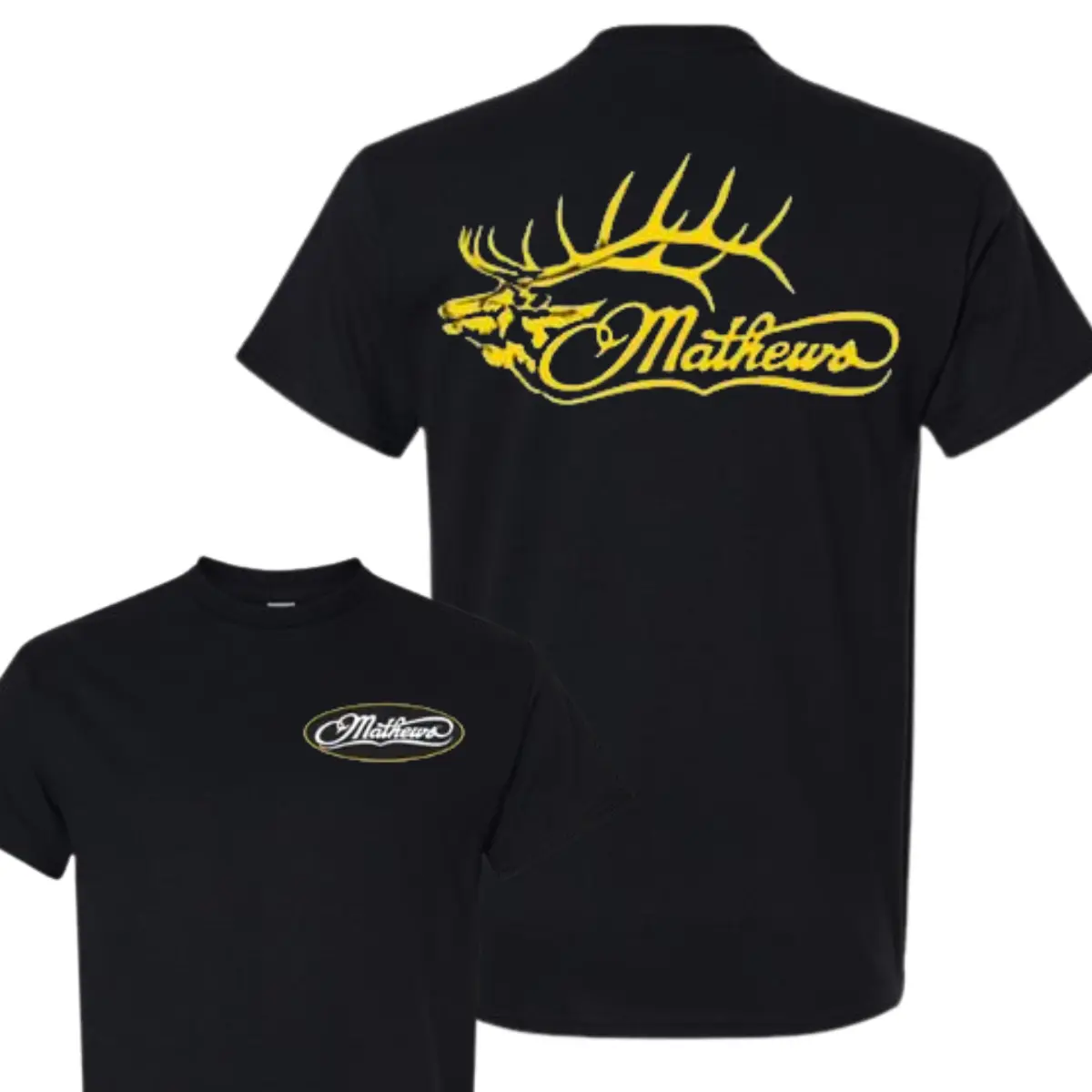 Mathews Archery T-Shirt with Bold Yellow Antler Design, 2 Sides, Soft Cotton, Unisex Fit for Outdoor Fans & Hunting Enthusiasts