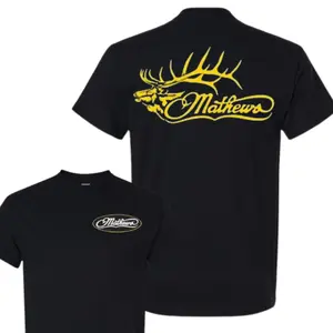 Mathews Archery T-Shirt with Bold Yellow Antler Design, 2 Sides, Soft Cotton, Unisex Fit for Outdoor Fans & Hunting Enthusiasts