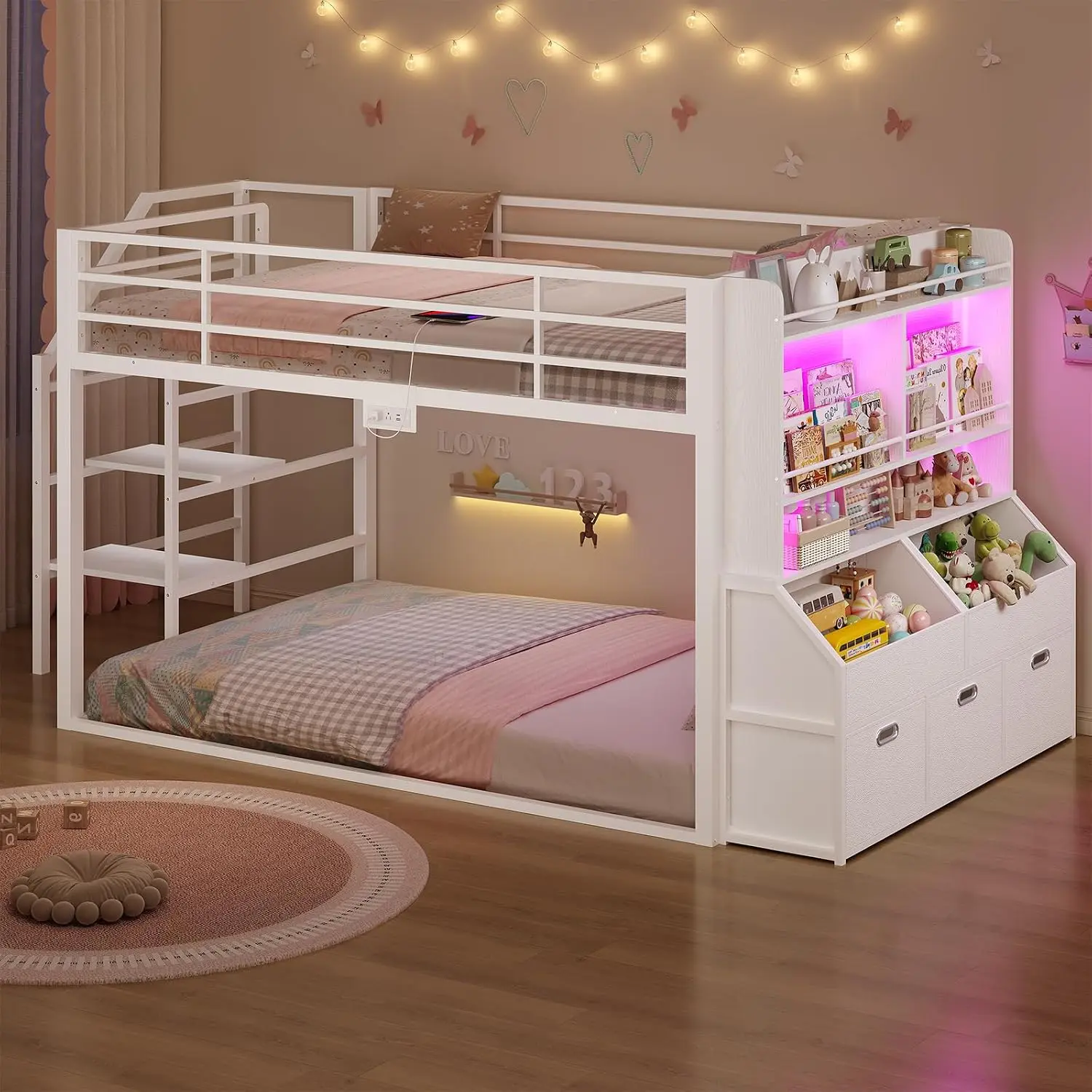 ADORNEVE Low Bunk Bed Twin Size with Staircase, Bookshelf & Drawers, White | Safe Wide Stairs, 2 Toy Organizer, Metal Floor Bunk Bed with RGB Lights, Charging Station, Safety Guardrail, for Small Room