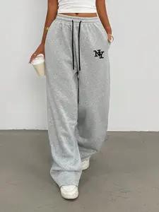 Women's Casual Loose-Fitting Pants with Drawstring Pockets, Simple Letter Print, All Seasons, Home and Outdoor Wear
