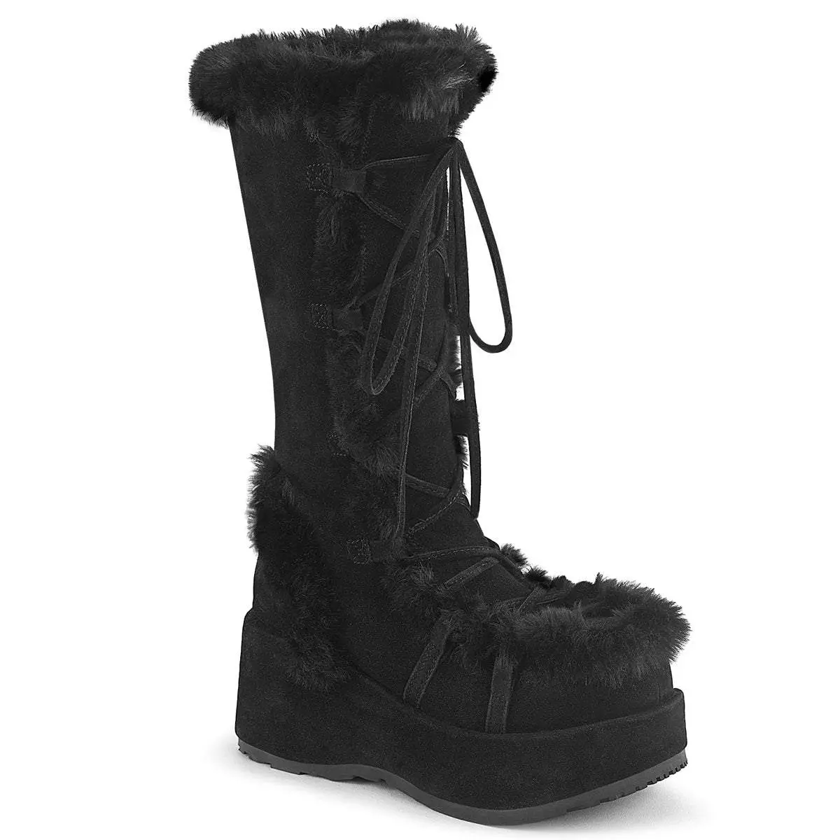 Demonia Cubby-311 Black Vegan Suede Knee-high Boots with 2 3/4" Platform & Lace-Up Front for Women's Casual Wear Demonia Cubby-311 Black Vegan Suede Knee-high Boots with 2 3/4" Platform & Lace-Up Front for Women's Casual Wear