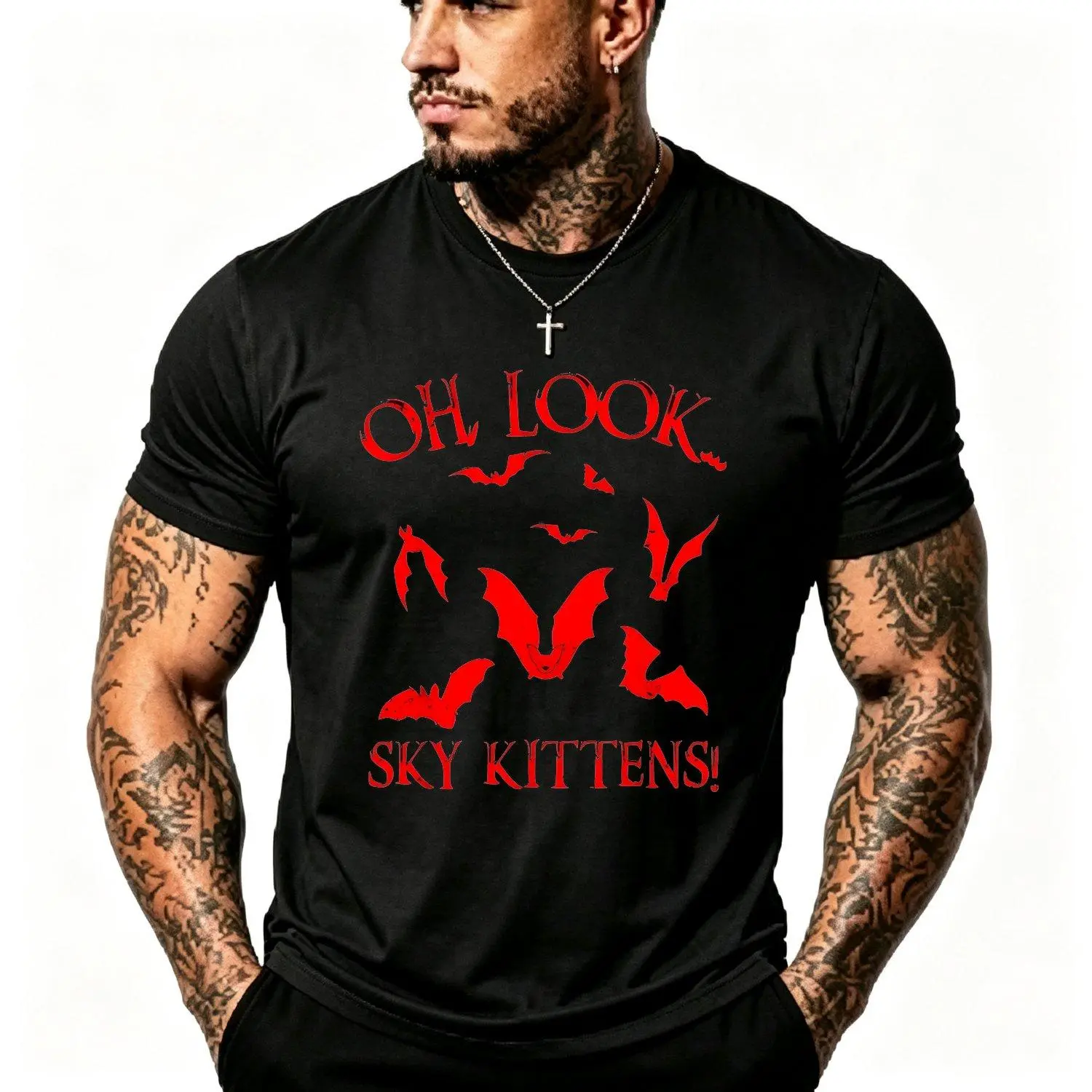 Men's Casual Short-Sleeve Gothic Horror Bat Lover Top, "Oh Look Sky Kittens" Slogan, Red Bat Silhouettes, Relaxed Fit Round Neck Menswear T-Shirt