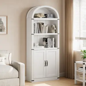 5 Tier Arched Bookcase with 2 Doors, 71.7'' Tall Bookcase Wooden Arch Bookshelf, Freestanding Arched Cabinet for Living Room Bedroom Study Office