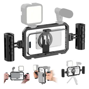Universal Mobile Phone Video Rig, Mobile Phone Grip Stabiliser Cage with Magsafe and Phone holder Clip, Aluminum Alloy Video Recording Film Rig Vlogging Kit, Compatible with iPhone Magsafe and Power Bank Clip, Cellphone Camera Stabilizer