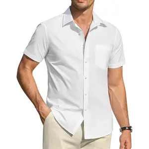 Mens Short Sleeve Dress Shirts Cotton Solid Casual Button Down Shirt with Pocket