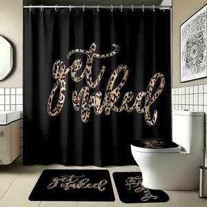 4pcs Leopard Print "Get Naked" Shower Curtain Set, Black Background Sassy Quote,  The floor mat fabric is thicker and softer! Bold Trendy Bathroom Decor, Curtain & Rugs Combo, Perfect for Festive Glam Vibe
