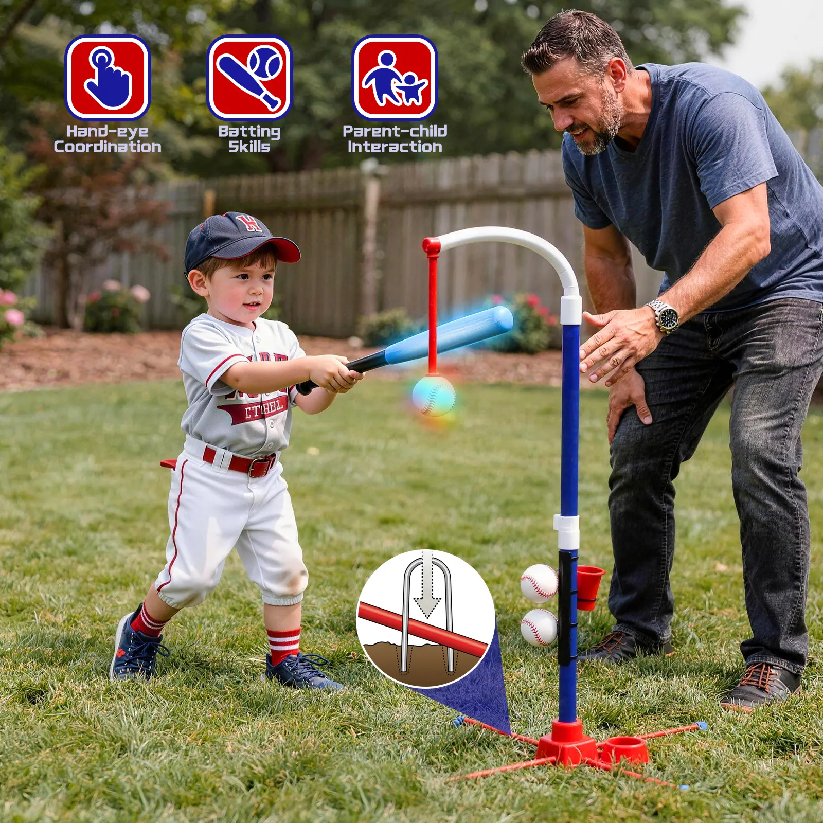 deAO Light up Tee Ball Set, 3-in-1 T Ball Set - Adjustable Height, Hanging Tee Ball Set with Automatic Pitching Machine/4 Balls/Retractable Bat, for Kids 5-8, Kids Outdoor Playset Baseball Toys Gifts for Boys Girls