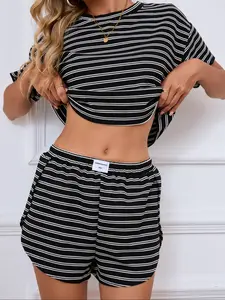 Women's Summer Casual Striped Round Neck Short Sleeve Top & Side Split Shorts Set, Elastic Waist, Two-Piece Fit for Daily Wear, Womenswear, co-ord sets for women, loungewear set, lounge set for women