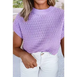 Pointelle knit Ribbed Trim Short Sleeve Sweater: Lavender