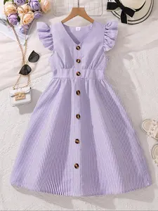 Girl's Striped Print Button Front Dress, Casual Butterfly Sleeve V Neck A Line Dress for Summer, Kids Clothes for Daily Wear