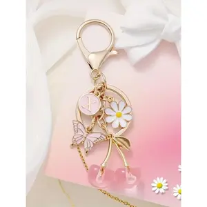 Pink Cherry Blossom Butterfly Keychain,A-Z Initials Keychain with Pink Floral Charms,Women's Butterfly Daisy Flower Keyring,Cherry Keychain Pendant,Flower Butterfly Letter Pendant Keychain Kawaii