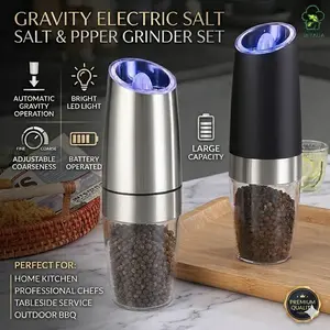 Gravity Electric Salt and Pepper Grinder Set Automatic Salt and Pepper Grinder Set with LED Light, Battery Operated, Adjustable Coarseness, Large Capacity, for Home Kitchen BBQ Battery-Powered