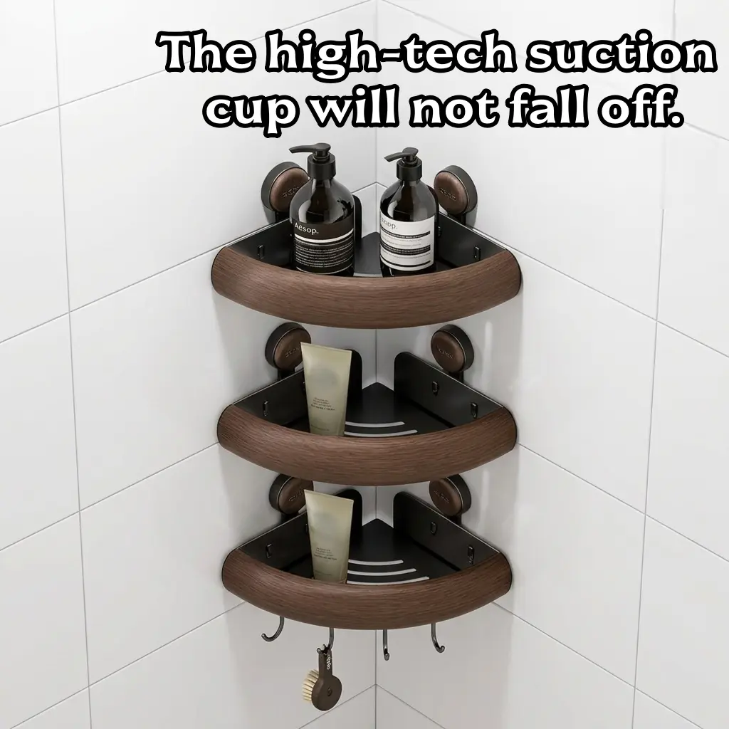 Suction-Cup Corner Shower Shelf — Rustproof Corner Shower Caddy (No Drilling Required) — Large Suction Shower Organizer with Towel Bar and Hooks — Detachable Bathroom Storage Rack.