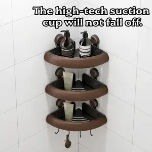 Suction-Cup Corner Shower Shelf — Rustproof Corner Shower Caddy (No Drilling Required) — Large Suction Shower Organizer with Towel Bar and Hooks — Detachable Bathroom Storage Rack.