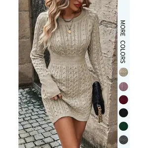 Women's Plain Round Neck Knit Bodycon Sweater Dress, Lady Elegant Fashion Casual Long Sleeve Jumper Dress Daily Outdoor Wear, Women Knitwear Fall & Winter