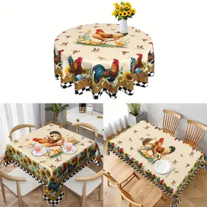 1 piece of vintage farmhouse rooster and sunflower tablecloth - round polyester fiber, washable kitchen table cover with charming floral and animal designs, suitable for indoor/outdoor parties, rooster decoration, Picnic Table Cover