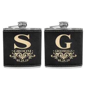 Personalized Monogram Initial Engraved Gold Black Flask for Man Woman's Birthday Gift For Husband Leather Custom Gifts Wedding Bridal Shower