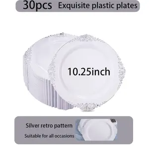 30 Silver Color Plastic Dinner Plates, Vintage Style, Elegant Design, 10.25 Inch, Perfect for High-End Parties, Christmas & Halloween