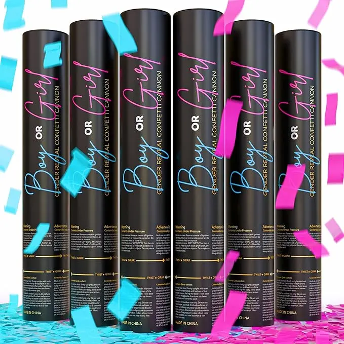 Gender Reveal Confetti Cannon – 3 Pink & 3 Blue Biodegradable Poppers | Baby Shower Reveal