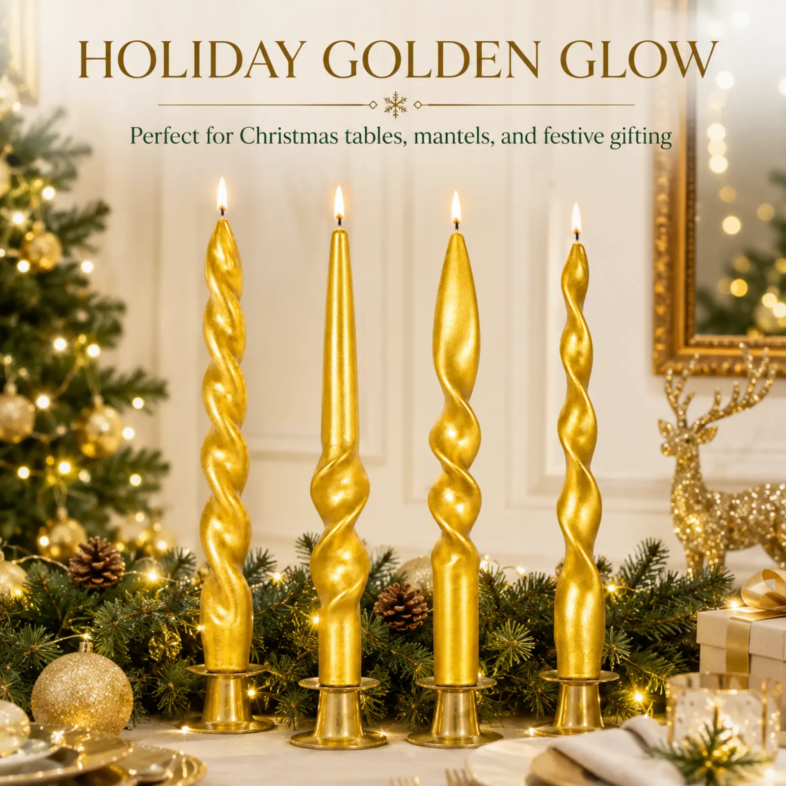 4 PCS Gold Twisted Taper Candles, 10 Inch Metallic Spiral Dinner Candles, Unscented Low-Drip Paraffin Wax with Cotton Wicks for Weddings, Christmas, Thanksgiving & Table Decor