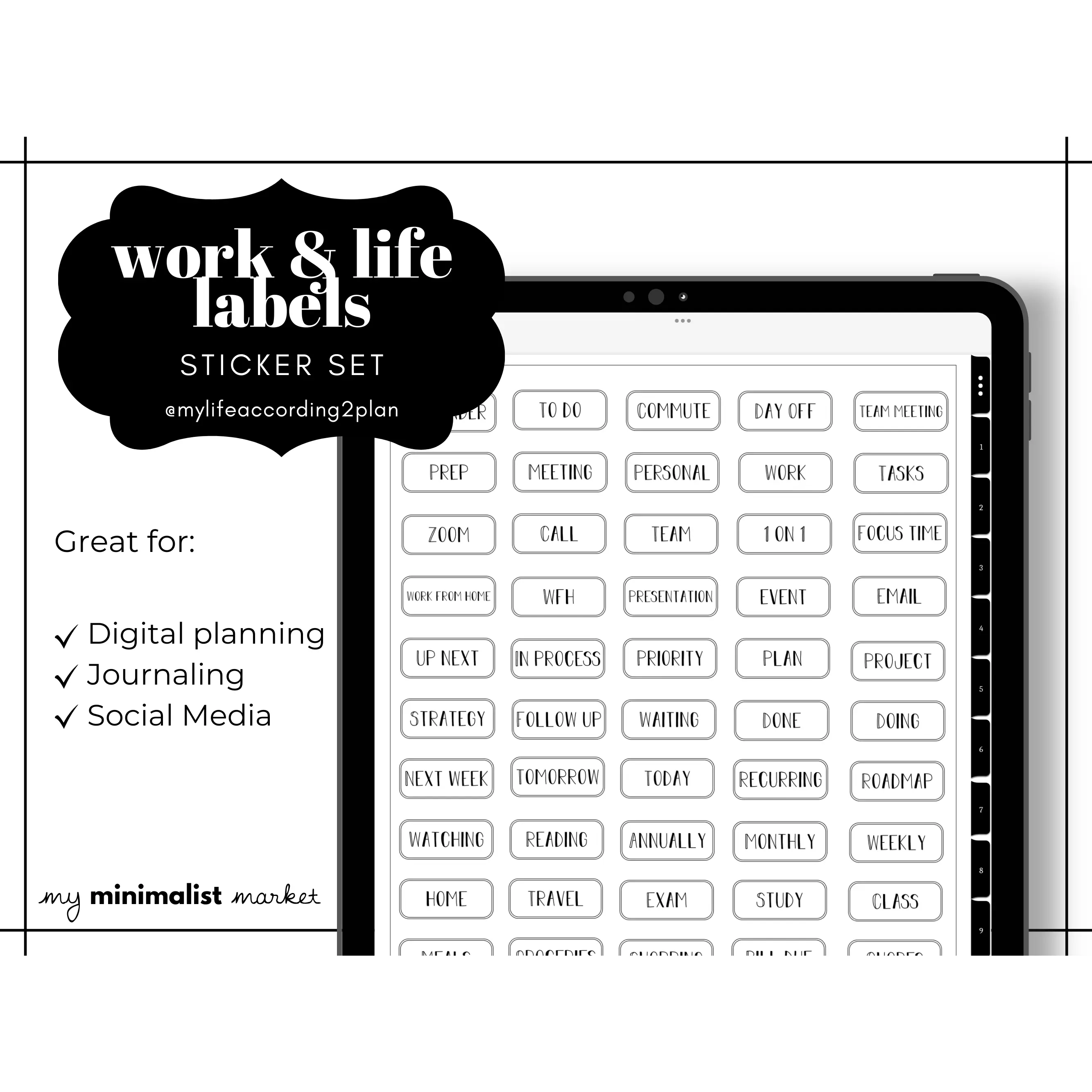 Minimalist Everyday Stickers, Work, Study & Life Labels Sticker Set, Digital Planner Stickers, GoodNotes 5 Elements, Precropped