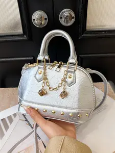 Fashion Y2K style studded chain embellished handheld shell bag, mini daily solid color easy-to-match shoulder crossbody bag