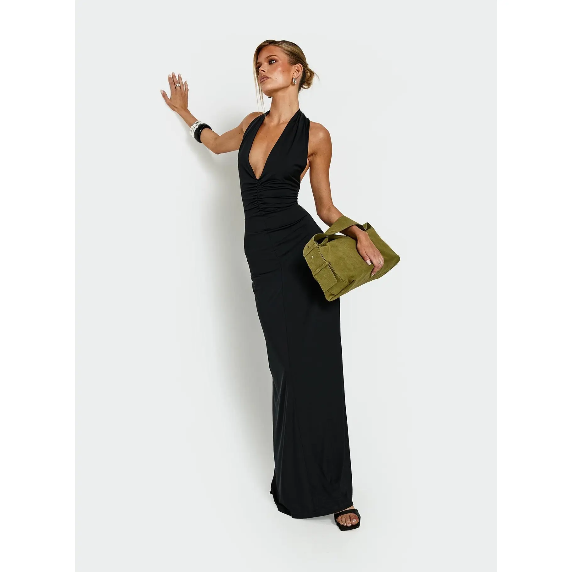 Dreamt Of You Plunge Neck Halter Maxi Dress Black